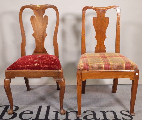 A Queen Anne mahogany vase back dining chair, 51cm wide x 97cm high and another similar later elm vase back dining chair, 53cm wide x 94cm high, (2).