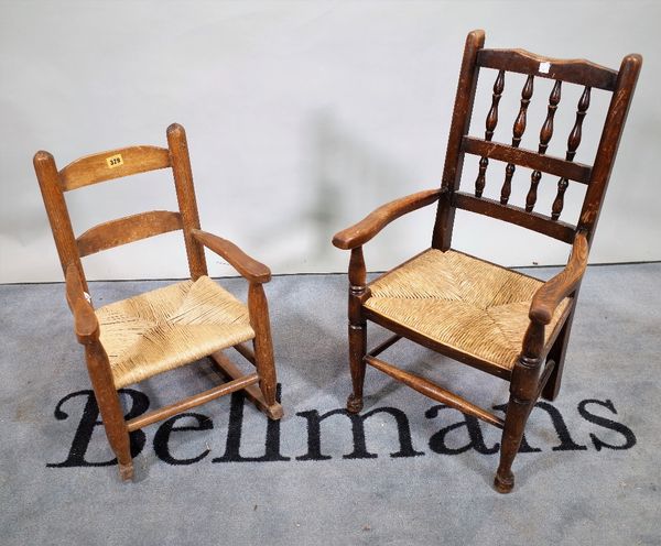 An 18th century style child's Lancashire bobbin back open armchair, with rush seat, on turned supports, 43cm wide x 77cm high, together with a child's