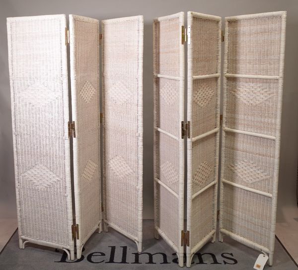 A pair of white painted rattan three fold screens, each 45cm wide x 165cm high x 135cm wide when open, (2).  C5