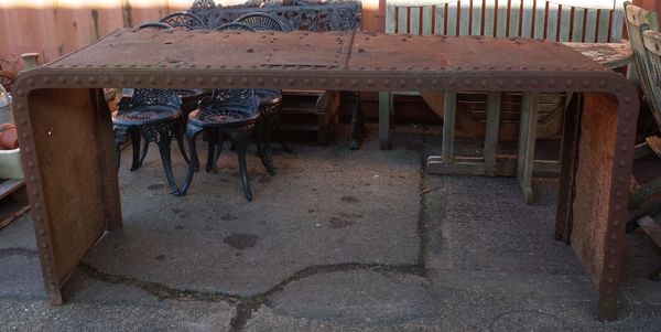 An early 20th century wrought iron drum console table, 208cm wide x 90cm high.  OUT