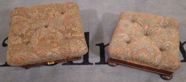 A Victorian rosewood framed rectangular footstool on bun feet and another similar mahogany framed footstool, 37cm wide x 15cm high, (2).  D5