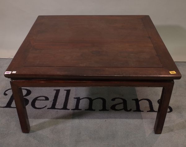 A late 19th century Chinese hardwood low square table, on block supports, 91cm wide x 47cm high.  D3