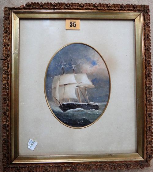 English School (19th century), Ship in full sail, watercolour and gouache, oval, 17.5cm x 13cm.
