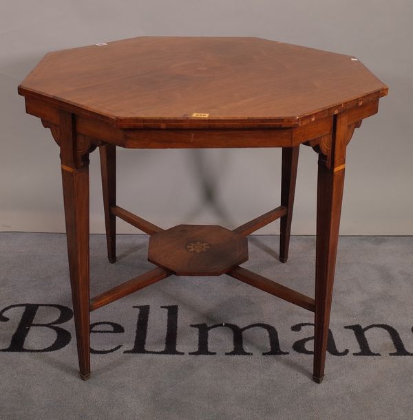 A late 19th century marquetry inlaid rosewood octagonal centre table, on tapering square supports, 88cm wide x 74cm high.  C4