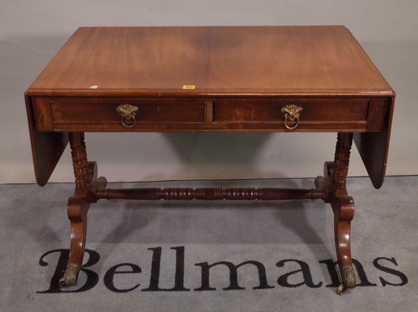 A late George III mahogany drop flap sofa table, with pair of frieze drawers, on four downswept supports, 100cm wide x 72cm high.  C2