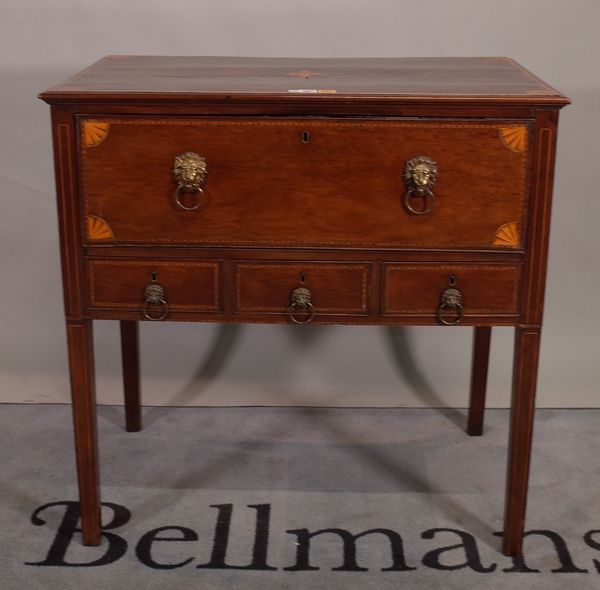 A George III inlaid mahogany rectangular writing desk, the fitted drawer over three short drawers, on block supports, 95cm wide x 96cm high.  E2