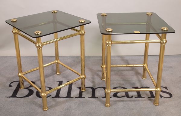 A pair of mid-20th century brass and glass square side tables, 45cm wide x 57cm high, (2).  C4