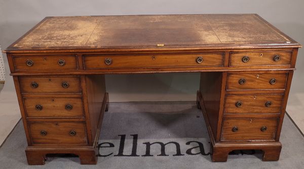 A 19th century mahogany pedestal desk with nine drawers about the knee, on bracket feet, 151cm wide x 71cm deep.  B4