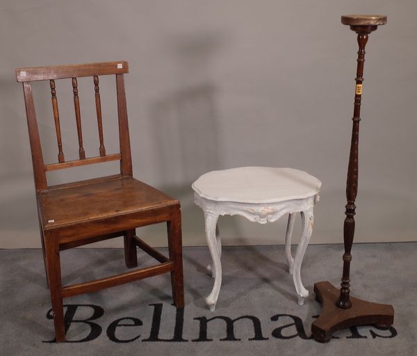 A Victorian rosewood candlestick, a 19th century elm and mahogany stickback dining chair, 49cm wide x 90cm high and a 19th century French blue painted