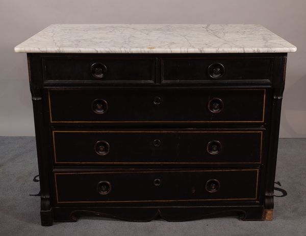 A marble top ebonised chest with two short and three long graduated drawers, 106cm wide x 78cm high.  C1