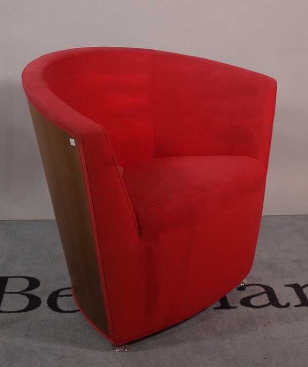 A 20th century hardwood framed tub chair with chrome pad feet, 79cm wide x 73cm high.  A1