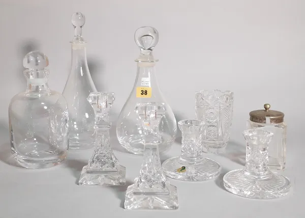 Glassware, including; two pairs of Waterford cut glass candlesticks, the tallest 14cm high, a group of three modern glass decanters and sundry glass.