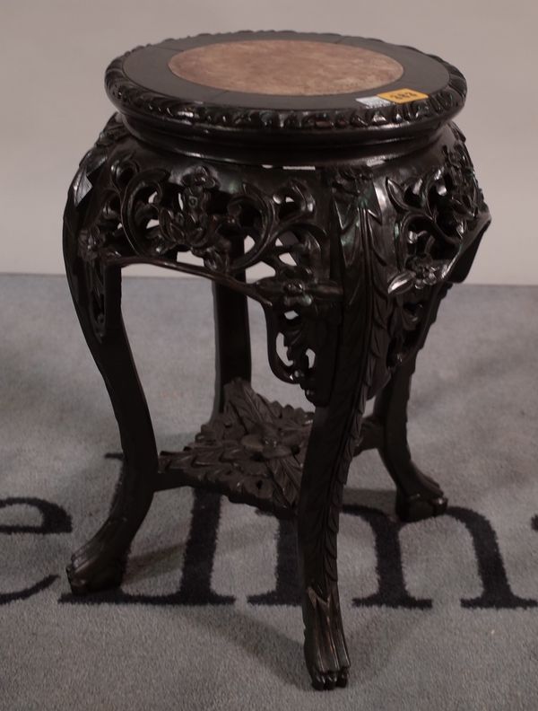 A 20th century hardwood jardiniere on marble stand with inset top, 34cm wide x 50cm high.  D4