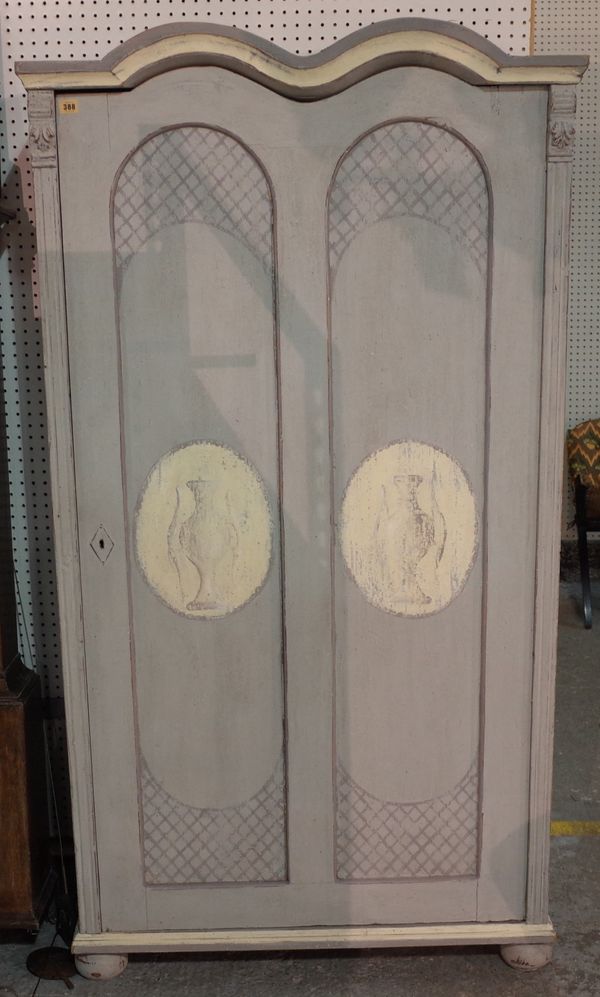 An 18th century style grey painted double arch wardrobe on bun feet, 98cm wide x 183cm high. A3