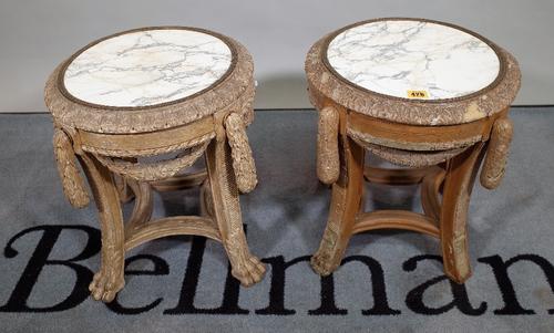 A pair of 18th century style continental stained beech jardiniere stands with faux marble inset top, swag decoration, 38cm wide x 41cm high, (2).  D1