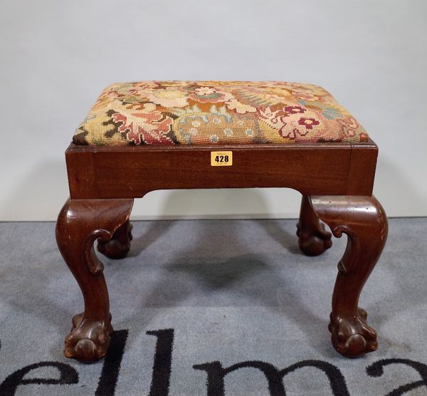 A Victorian mahogany framed rectangular footstool on ball and claw feet, 46cm wide x 40cm high.  E1