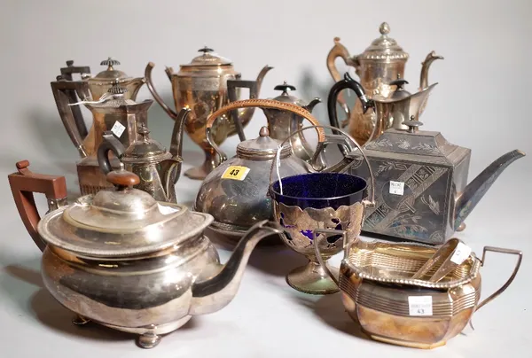 A quantity of mostly Victorian silver plated teapots, coffee pots and jugs, (qty). S2B