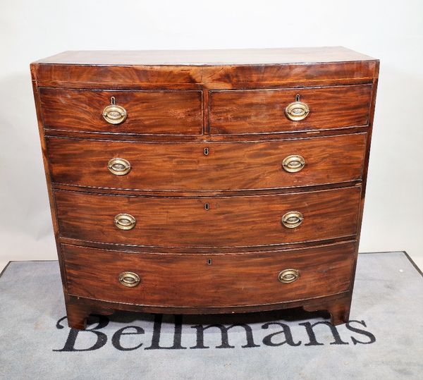 A late George III mahogany bowfront chest of two short and three long graduated drawers, on bracket feet, 115cm wide x 105cm high.