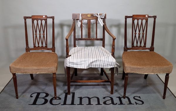 A late George III mahogany open armchair, 53cm wide x 88cm high and a set of three 19th century French mahogany side chairs, with reeded tapering supp