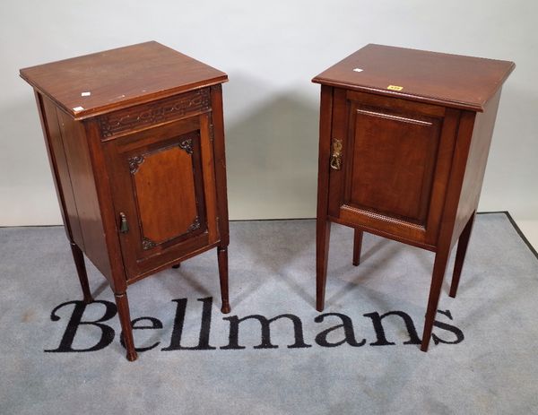 A George III style mahogany pot cupboard, 40cm wide x 76cm high and another similar, 40cm wide x 76cm high, (2).  D1