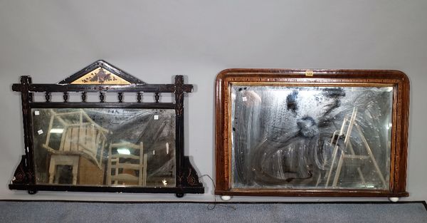 A 19th century walnut and Tunbridge banded over mantel wall mirror with bevelled glass, 89cm wide x 60cm high and a 19th century aesthetic movement po