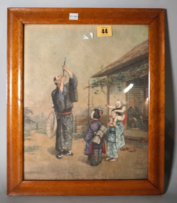 A Japanese watercolour painting on linen, 20th century, painted with a man calling birds while his family look on, 33cm. by 26cm., framed and glazed.