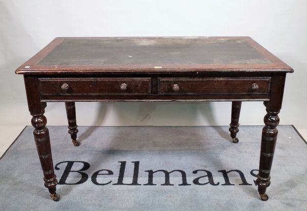 A 19th century mahogany two drawer writing table on ring turned supports, 120cm wide x 75cm high.  D4