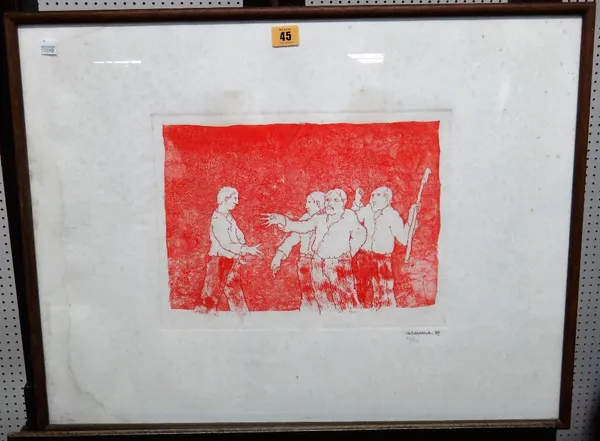 Toni Casalonga (b.1938), Figure groups, thee colour etchings, all signed and dated 76 or 79, the largest 27cm x 35cm.(3)