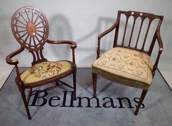 An Edwardian inlaid mahogany open armchair, 63cm wide x 93cm high and a 19th century mahogany open armchair, on tapering square supports, 56cm wide x