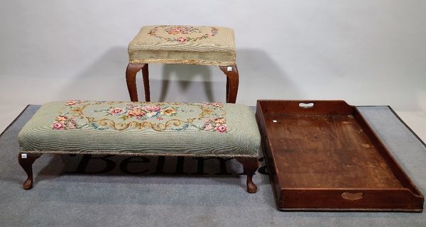 A Victorian mahogany framed rectangular footstool, on cabriole supports, 90cm wide x 26cm high, another similar 56cm wide x 48cm high and a 19th centu