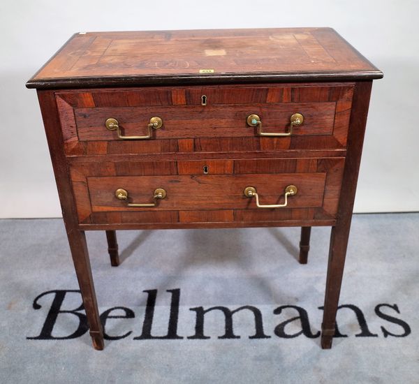 A late George III mahogany two drawer side table, on tapering square supports, 78cm wide x 87cm high.  E1