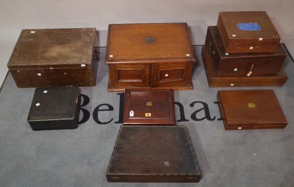 A quantity of mostly early 20th century canteen boxes, (lacking contents), including mahogany and oak examples. S4B