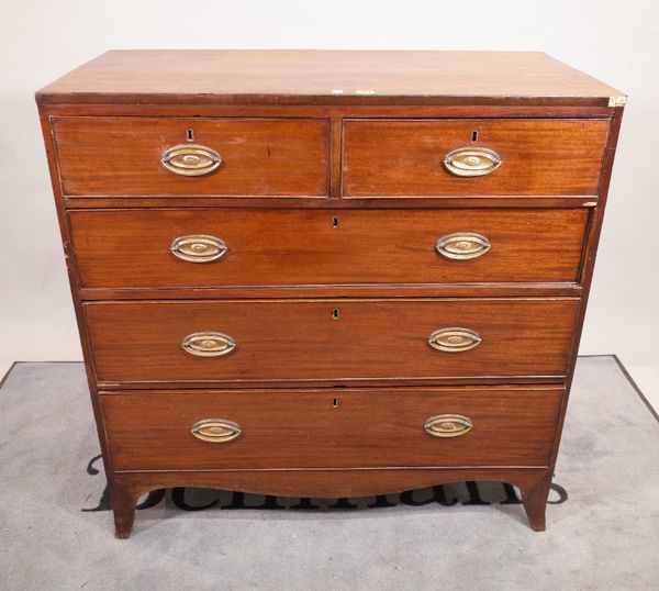 A George III mahogany chest with two short and three long graduated drawers on bracket feet, 105cm wide x 106cm high.  E4