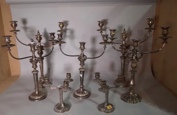 Silver plated wares; three pairs of twin branch candelabra, a single candelabra and a quantity of candelabra branches.  C5