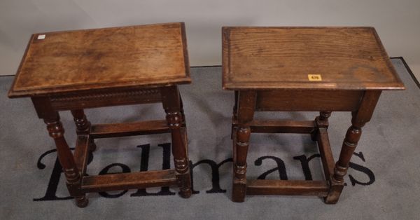 A 17th century style oak joint stool on turn supports together with another similar, 45cm wide x 57cm high.  E3