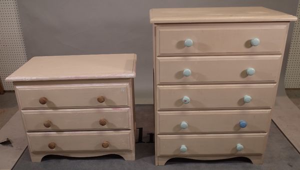 A 20th century grey painted chest of five long drawers on bracket feet, 78cm wide x 100cm high and another 20th century grey painted low chest of thre