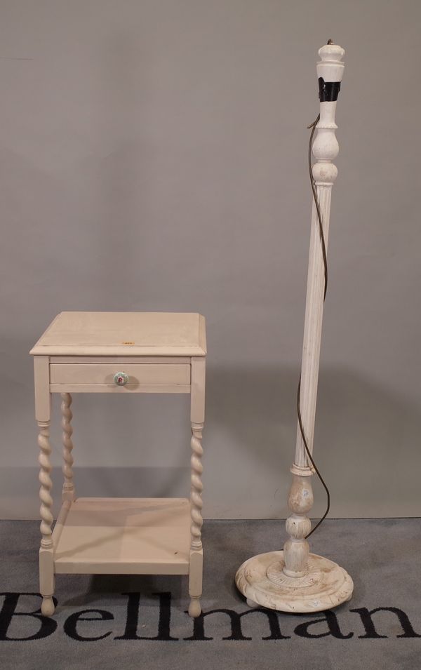 An 18th century style grey painted single drawer side table, 43cm wide x 74cm high and a Victorian style grey painted standard lamp, 148cm high, (2).