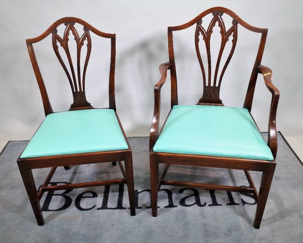 A set of six late 19th century mahogany framed shield back dining chairs including a  pair of carvers, 54cm wide x 96cm high, (6).  B3