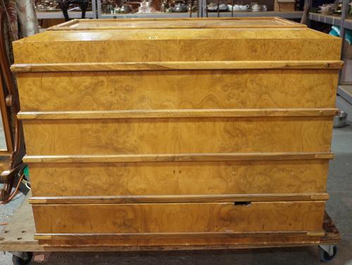 A modern burr walnut and brass bound lift top TV stand with single drawer to base, 123cm wide x 90cm high.  A3