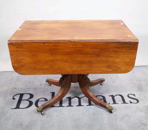 A George III mahogany drop flap centre table, on outswept supports, 91cm wide x 75cm high.  D2