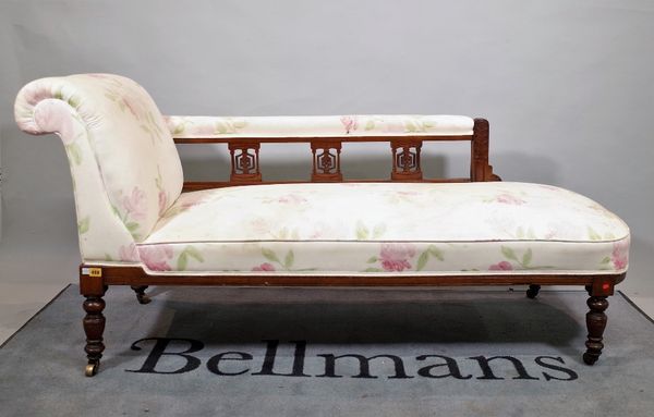 An early 20th century mahogany framed chaise longue, on ring turned supports, 155cm wide x 80cm high.   E4