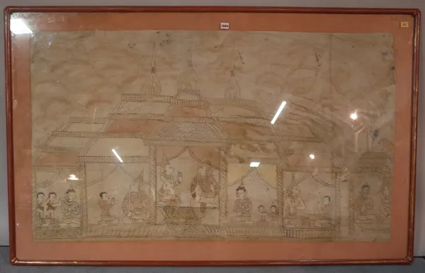 A large Thai painting, ink and wash on linen, painted with figures and attendants in a palace, 85cm. by 147cm., framed and glazed.