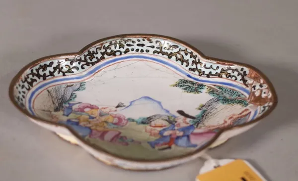 A small Canton enamel European subject quatrelobed dish, Qianlong, enamelled with two figures seated in a landscape, purple painted seal mark to rever