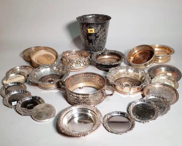 Silver plated wares, including; bottle coasters, a wine cooler and sundry.  S2T