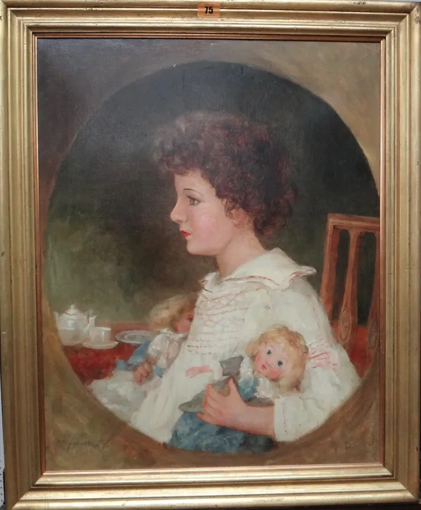 English school 19th century, Profile portrait of a child with her dolls, oil on canvas, in a painted oval, inscribed unfinished, 61cm x 48cm.