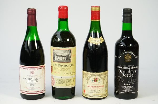 One bottle, circa 1970, Directors port bottles by Justerimi and Brooks, a 1962 Chateau Monbousquet Saint Emilion, a 1964 Moulin a Vent and a 1970 Chat