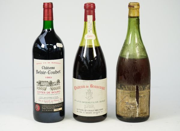 One magnum 1964(?) Mersault Les Genevrieres Burgundy, level at shoulders, one magnum 1993 Chateau Belair-Coubet Cotes de Bourg and one magnum 1981 Cha