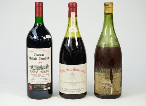 One magnum 1964(?) Mersault Les Genevrieres Burgundy, level at shoulders, one magnum 1993 Chateau Belair-Coubet Cotes de Bourg and one magnum 1981 Cha
