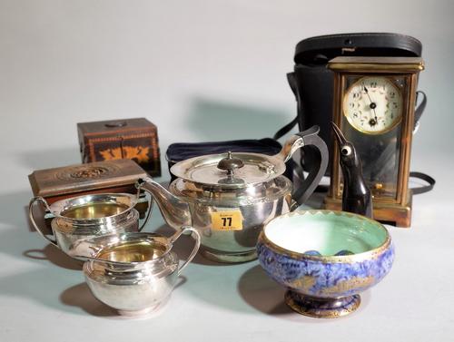 Collectables; including; a 19th century brass cased mantel clock with mercury pendulum, binoculars, silver plated items and sundry. S2T