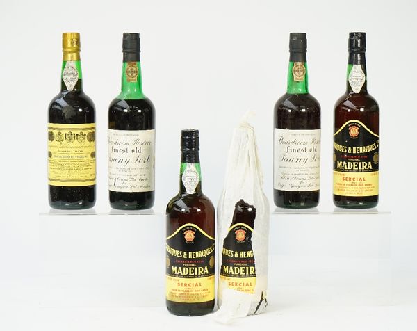 Six bottles of port and Madeira wine, comprising; two boardroom reserve finest old Tawny port, circa. 1970(?), three Henriques and Henriques Madeira a